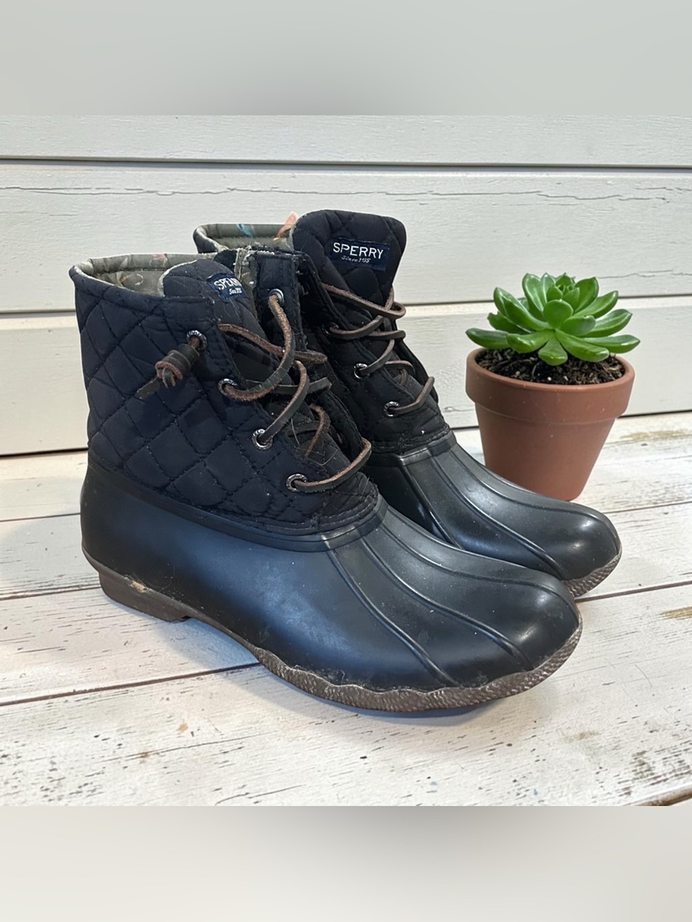 Sperry Womens Quilted Duck Boots STS94063 Black Rain Boots Size 7